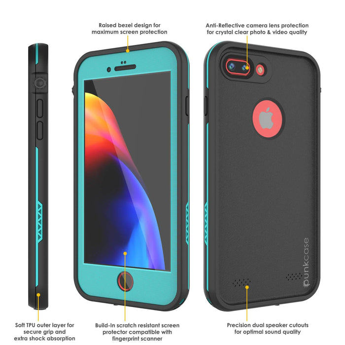 iPhone 7+ Plus Waterproof Case, Punkcase SpikeStar Teal Series | Thin Fit 6.6ft Underwater IP68 (Color in image: light blue)
