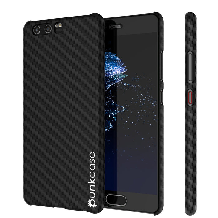 Huawei P10 Case, Punkcase CarbonShield, Heavy Duty & Ultra Thin 2 Piece Dual Layer PU Leather Cover [shockproof] [non slip] with Tempered Glass Screen Protector for Huawei P10 [Jet Black] (Color in image: Black)
