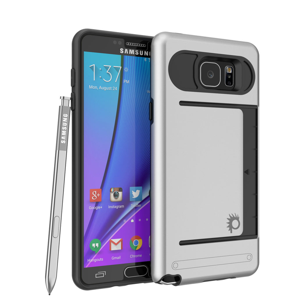Galaxy Note 5 Case PunkCase CLUTCH Silver Series Slim Armor Soft Cover Case w/ Tempered Glass (Color in image: Silver)