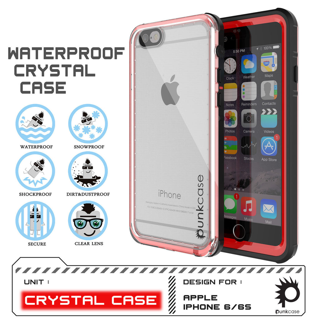 iPhone 6+/6S+ Plus Waterproof Case, PUNKcase CRYSTAL Red W/ Attached Screen Protector | Warranty (Color in image: white)