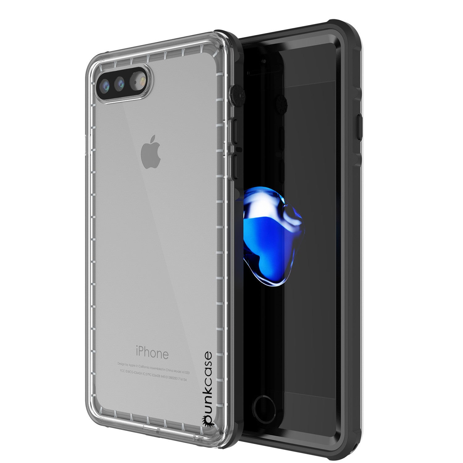 iPhone 7+ Plus Waterproof Case, PUNKcase CRYSTAL Black W/ Attached Screen Protector  | Warranty (Color in image: black)
