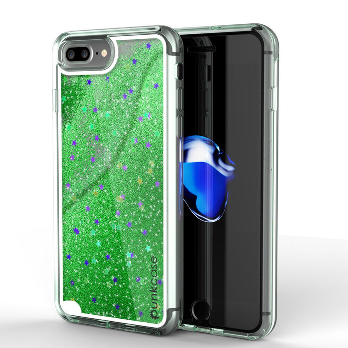 iPhone 8+ Plus Case, PunkCase LIQUID Green Series, Protective Dual Layer Floating Glitter Cover (Color in image: green)