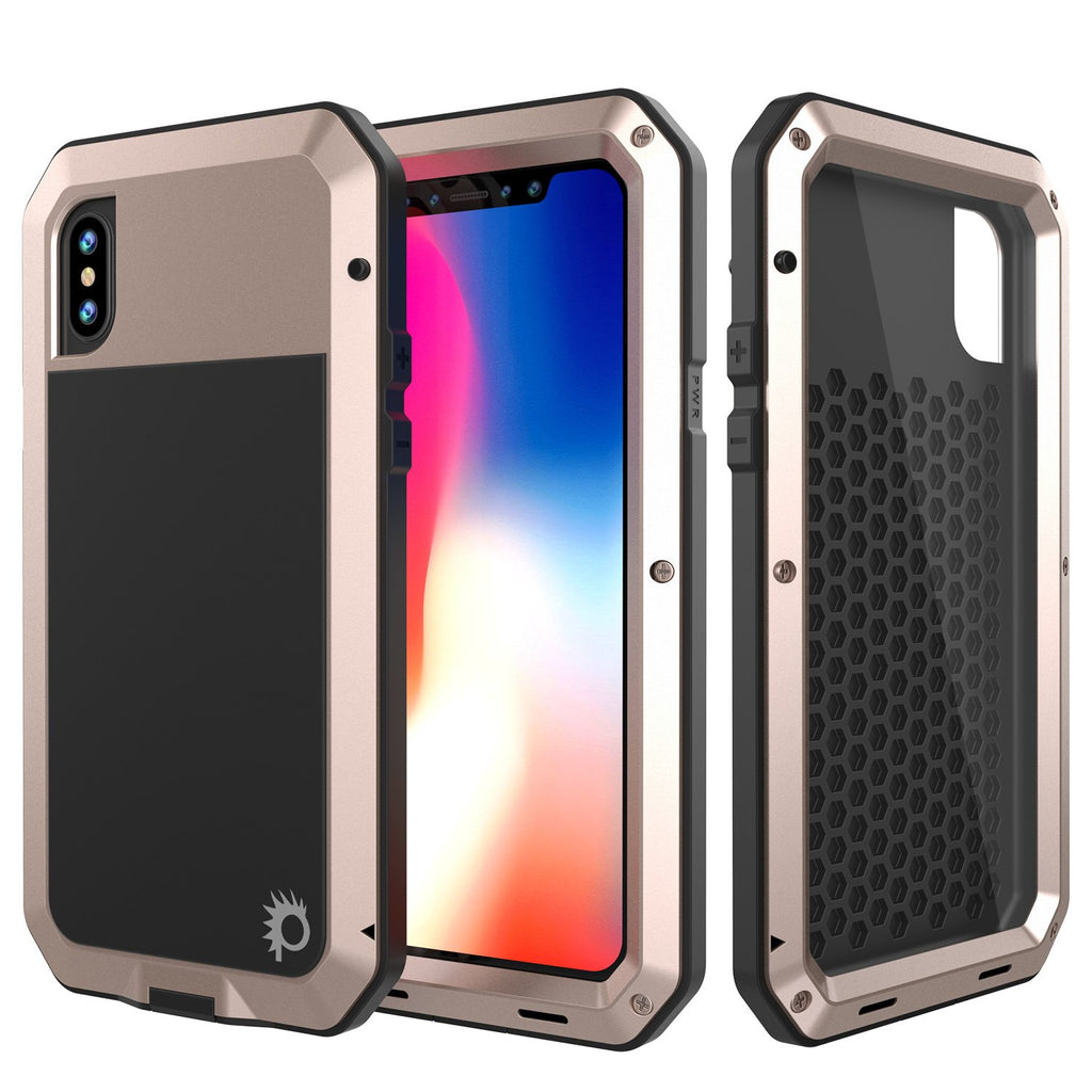 iPhone X Metal Case, Heavy Duty Military Grade Rugged Black Armor Cover [shock proof] Hybrid Full Body Hard Aluminum & TPU Design (Color in image: Gold)