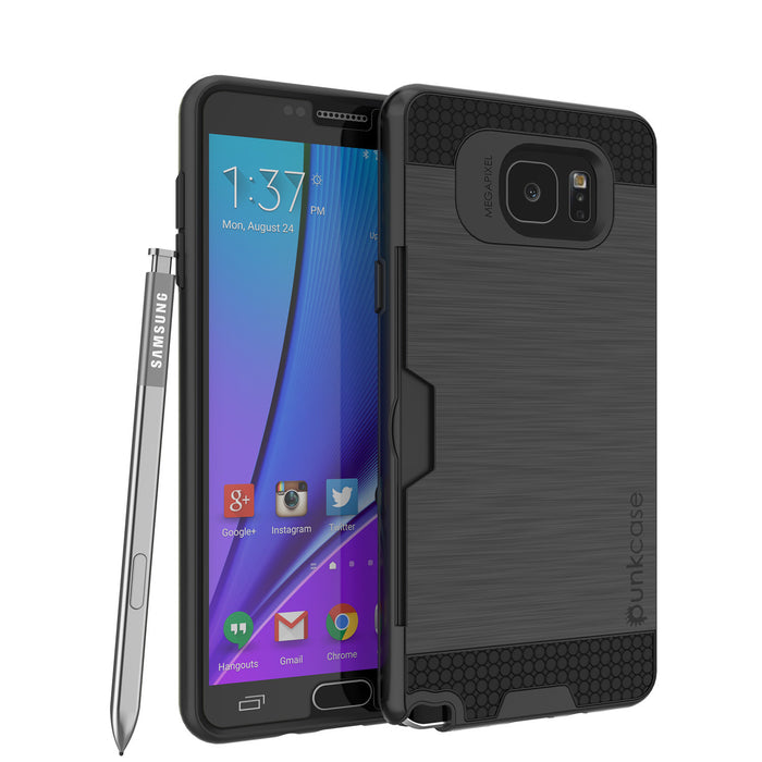 Galaxy Note 5 Case PunkCase SLOT Black Series Slim Armor Soft Cover Case w/ Tempered Glass (Color in image: Black)