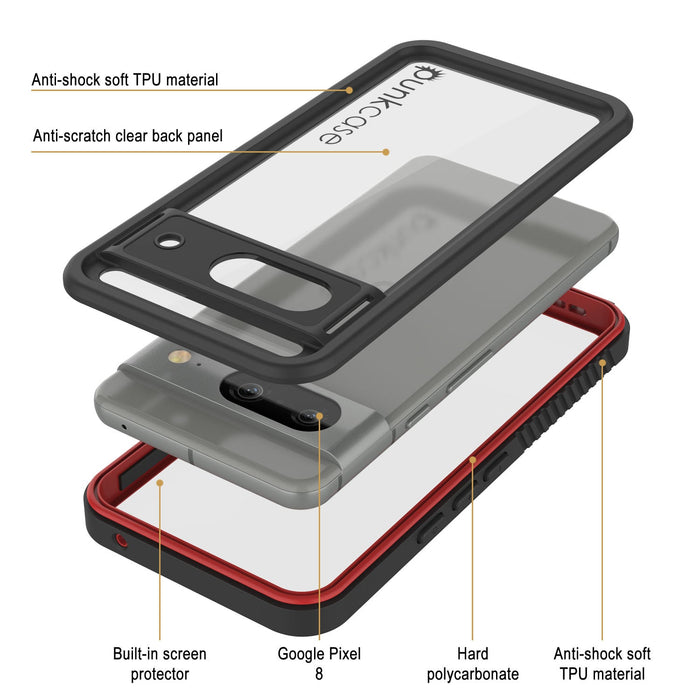 Google Pixel 8  Waterproof Case, Punkcase [Extreme Series] Armor Cover W/ Built In Screen Protector [Red]