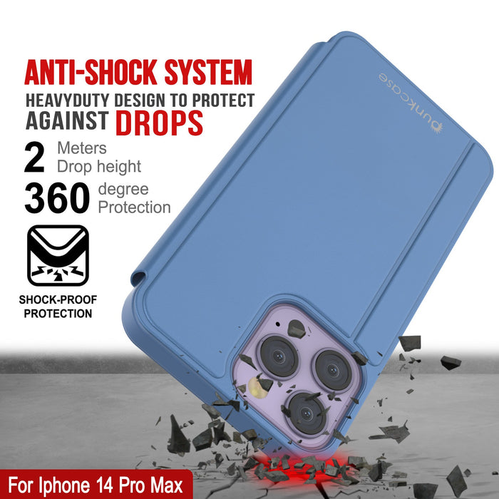 Punkcase iPhone 14 Pro Max Reflector Case Protective Flip Cover [Blue]