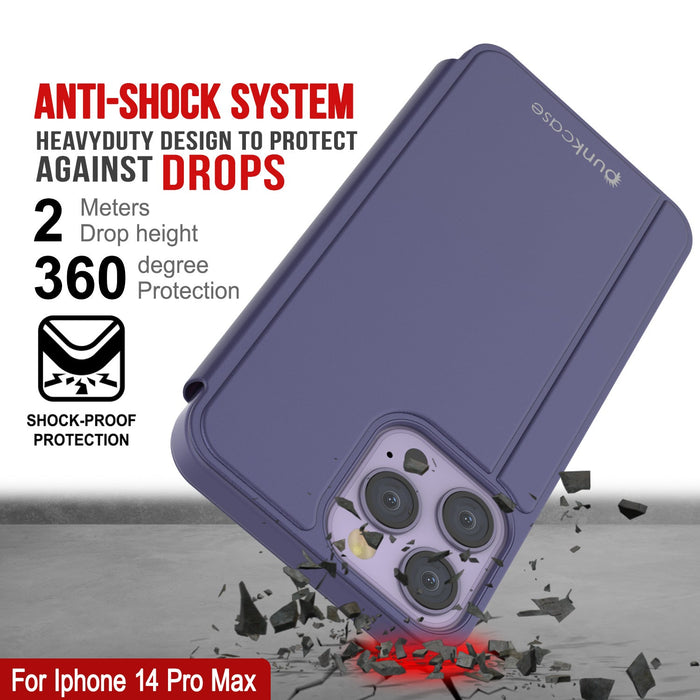 Punkcase iPhone 14 Pro Max Reflector Case Protective Flip Cover [Purple]