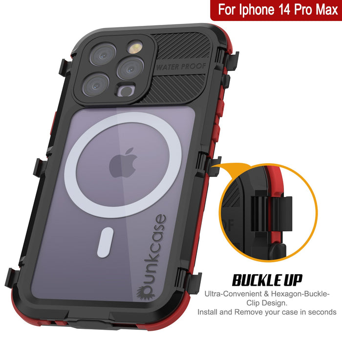 iPhone 14 Pro Max Metal Extreme 2.0 Series Aluminum Waterproof Case IP68 W/Buillt in Screen Protector [Black-Red]