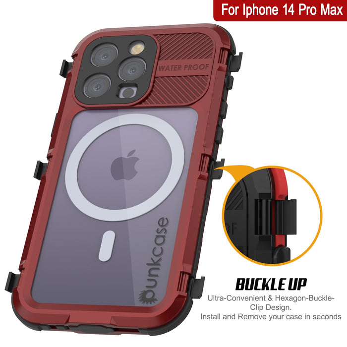 iPhone 14 Pro Max Metal Extreme 2.0 Series Aluminum Waterproof Case IP68 W/Buillt in Screen Protector [Red-Black]