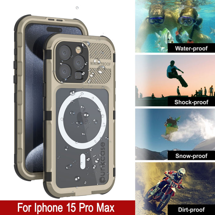 iPhone 15 Pro Max Metal Extreme 2.0 Series Aluminum Waterproof Case IP68 W/Buillt in Screen Protector [Gold]