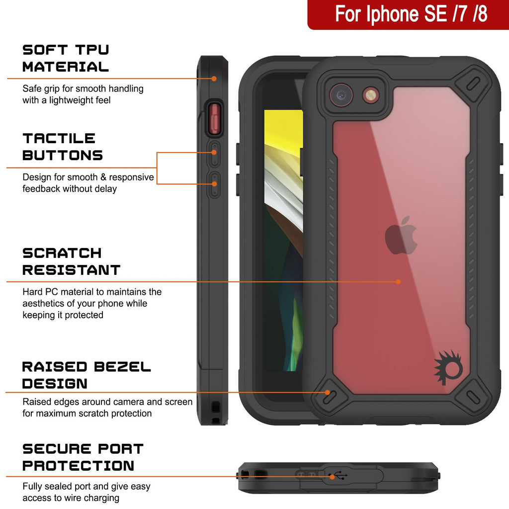 iPhone 8 Waterproof IP68 Case, Punkcase [Black]  [Maximus Series] [Slim Fit] [IP68 Certified] [Shockresistant] Clear Armor Cover with Screen Protector | Ultimate Protection (Color in image: red)