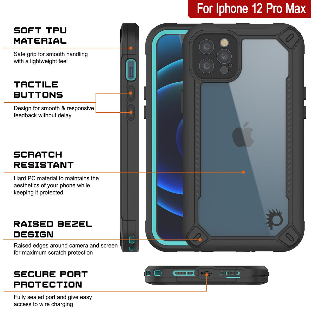 iPhone 12 Pro Max Waterproof IP68 Case, Punkcase [teal]  [Maximus Series] [Slim Fit] [IP68 Certified] [Shockresistant] Clear Armor Cover with Screen Protector | Ultimate Protection (Color in image: green)