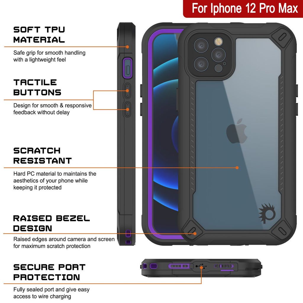 iPhone 12 Pro Max Waterproof IP68 Case, Punkcase [Purple]  [Maximus Series] [Slim Fit] [IP68 Certified] [Shockresistant] Clear Armor Cover with Screen Protector | Ultimate Protection (Color in image: black)