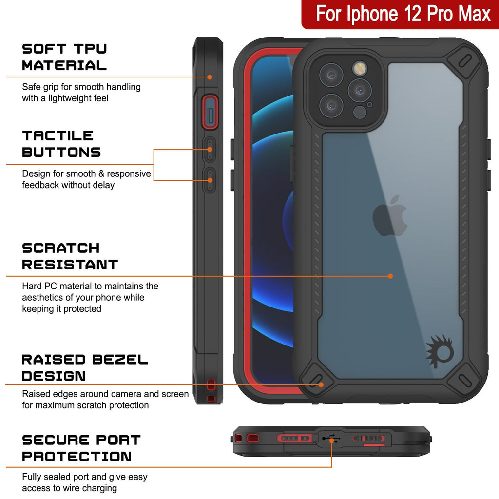 iPhone 12 Pro Max Waterproof IP68 Case, Punkcase [red]  [Maximus Series] [Slim Fit] [IP68 Certified] [Shockresistant] Clear Armor Cover with Screen Protector | Ultimate Protection (Color in image: green)