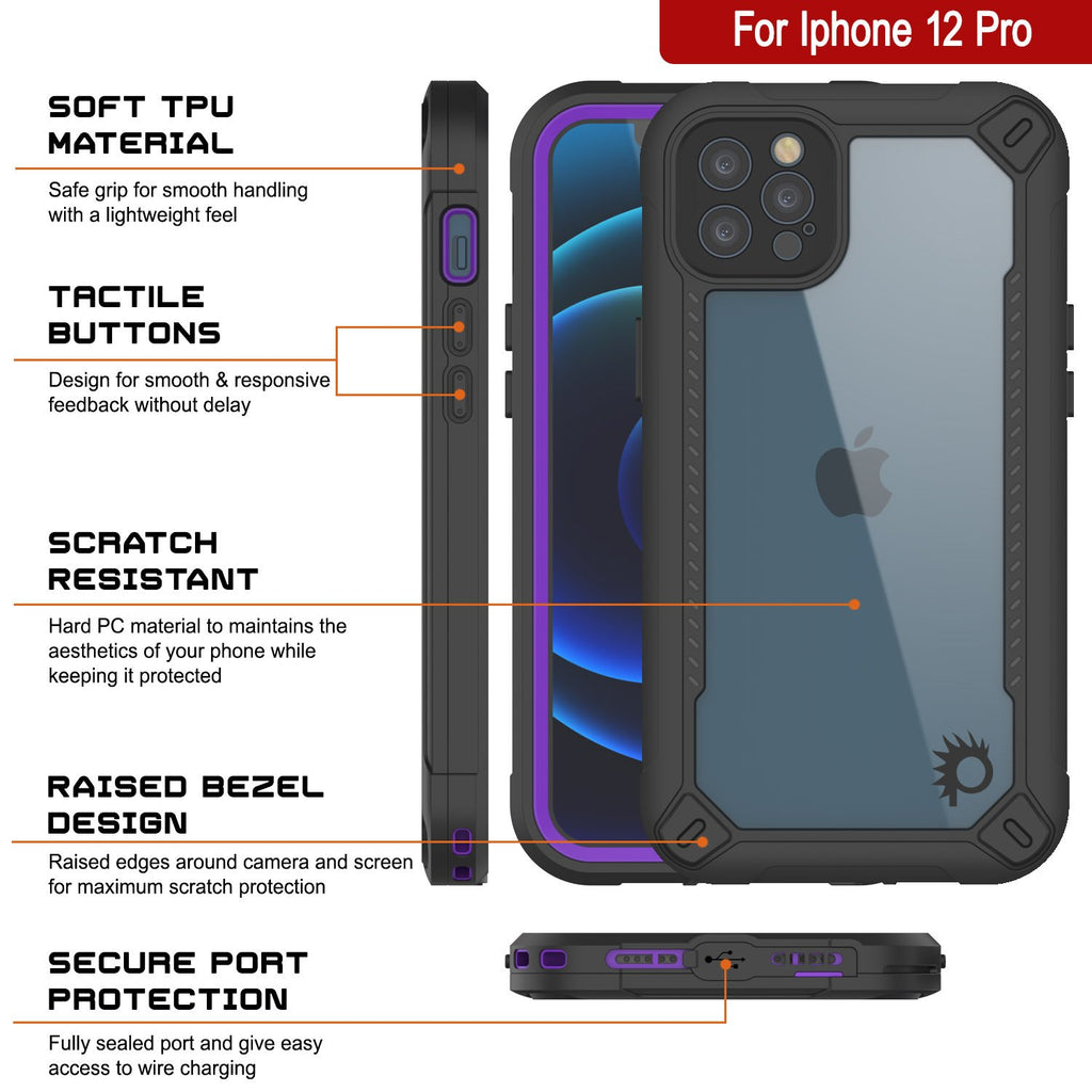 iPhone 12 Pro Waterproof IP68 Case, Punkcase [Purple]  [Maximus Series] [Slim Fit] [IP68 Certified] [Shockresistant] Clear Armor Cover with Screen Protector | Ultimate Protection (Color in image: black)