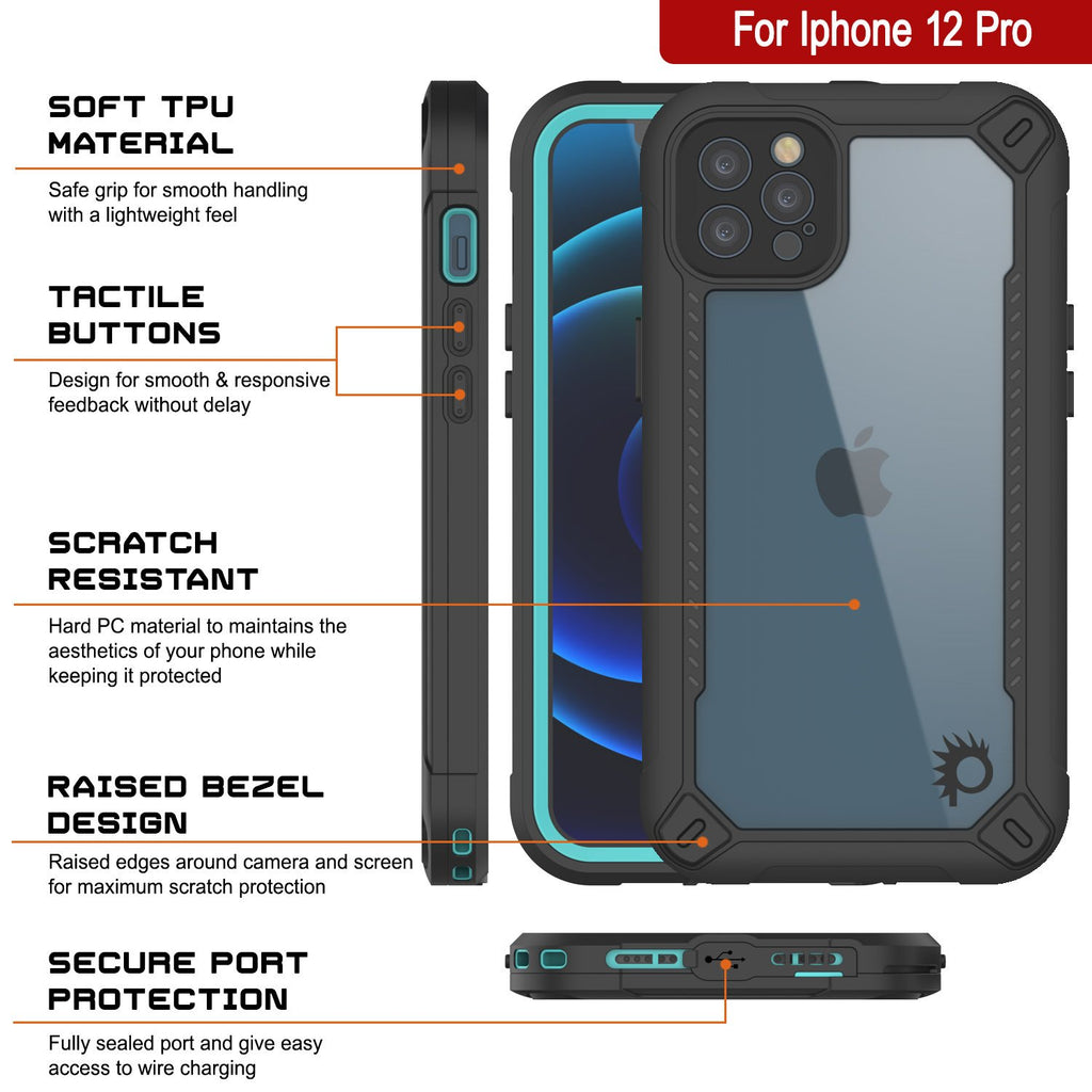 iPhone 12 Pro Waterproof IP68 Case, Punkcase [teal]  [Maximus Series] [Slim Fit] [IP68 Certified] [Shockresistant] Clear Armor Cover with Screen Protector | Ultimate Protection (Color in image: green)