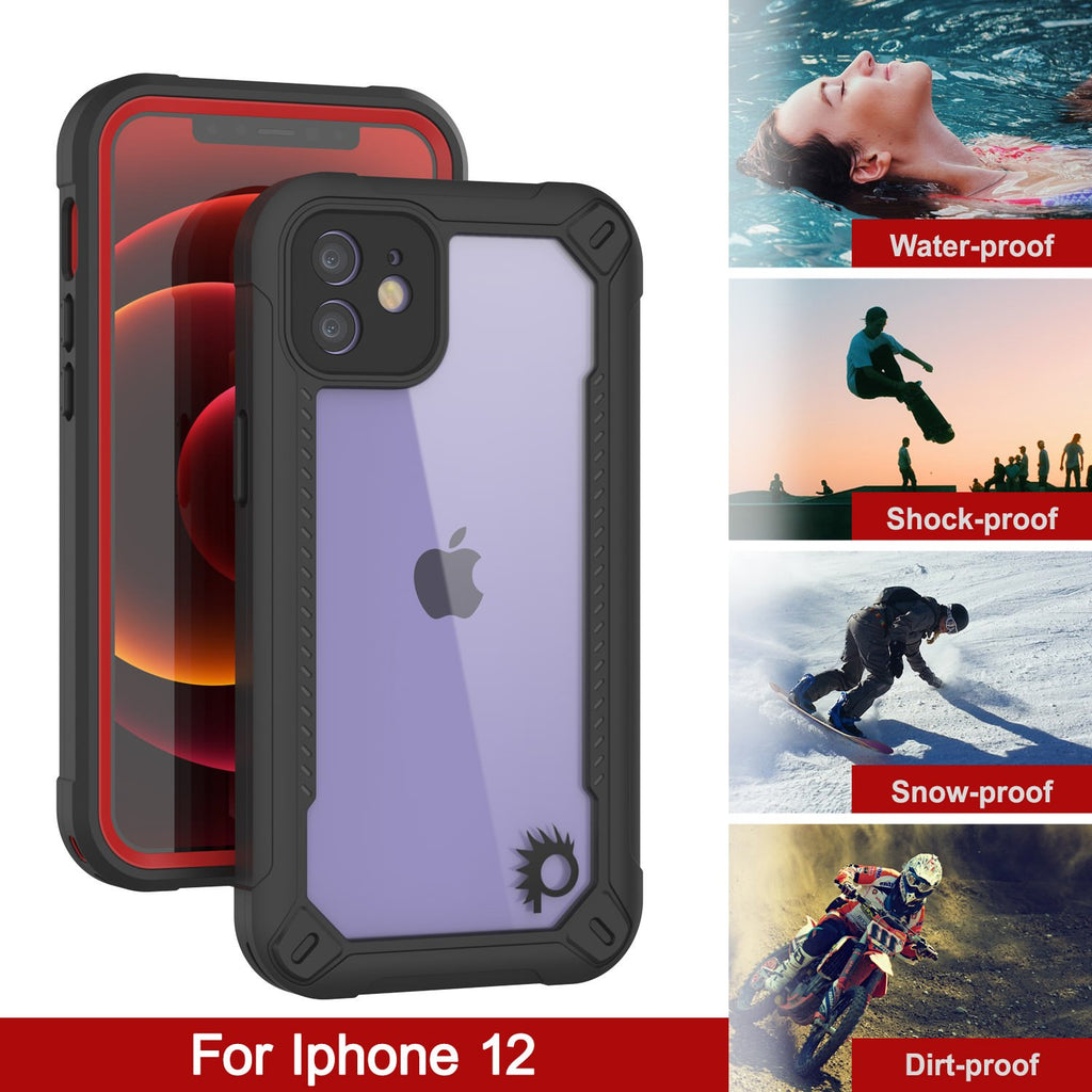 iPhone 12 Waterproof IP68 Case, Punkcase [red]  [Maximus Series] [Slim Fit] [IP68 Certified] [Shockresistant] Clear Armor Cover with Screen Protector | Ultimate Protection 