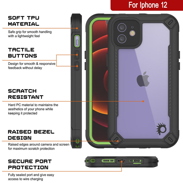 iPhone 12 Waterproof IP68 Case, Punkcase [Green]  [Maximus Series] [Slim Fit] [IP68 Certified] [Shockresistant] Clear Armor Cover with Screen Protector | Ultimate Protection (Color in image: red)