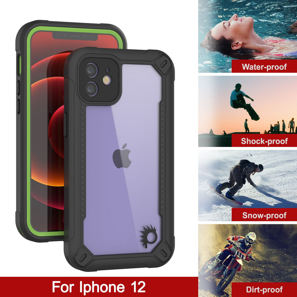iPhone 12 Waterproof IP68 Case, Punkcase [Green]  [Maximus Series] [Slim Fit] [IP68 Certified] [Shockresistant] Clear Armor Cover with Screen Protector | Ultimate Protection 