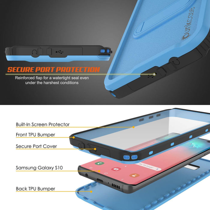 Galaxy S10 Waterproof Case, Punkcase [KickStud Series] Armor Cover [Light Blue] (Color in image: Black)