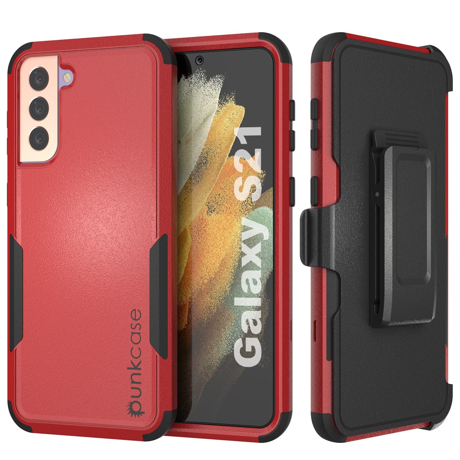 Punkcase for Galaxy S21 5G Belt Clip Multilayer Holster Case [Patron Series] [Red-Black] (Color in image: Red-Black)