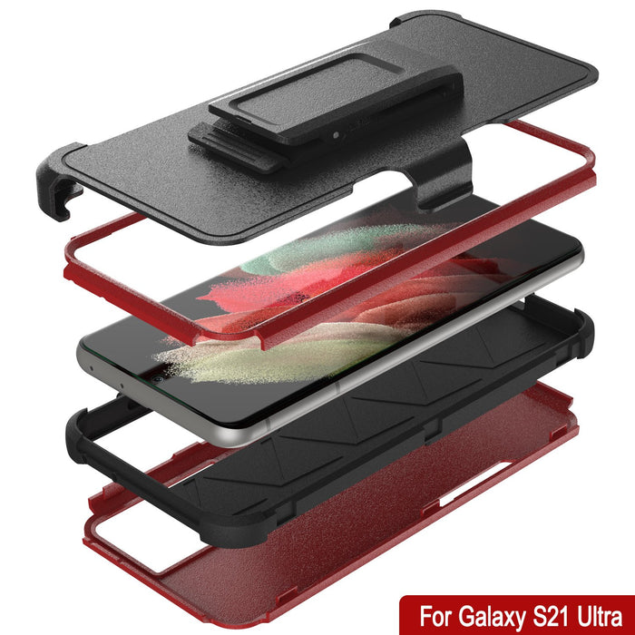 Punkcase for Galaxy S21 Ultra 5G Belt Clip Multilayer Holster Case [Patron Series] [Red-Black] 
