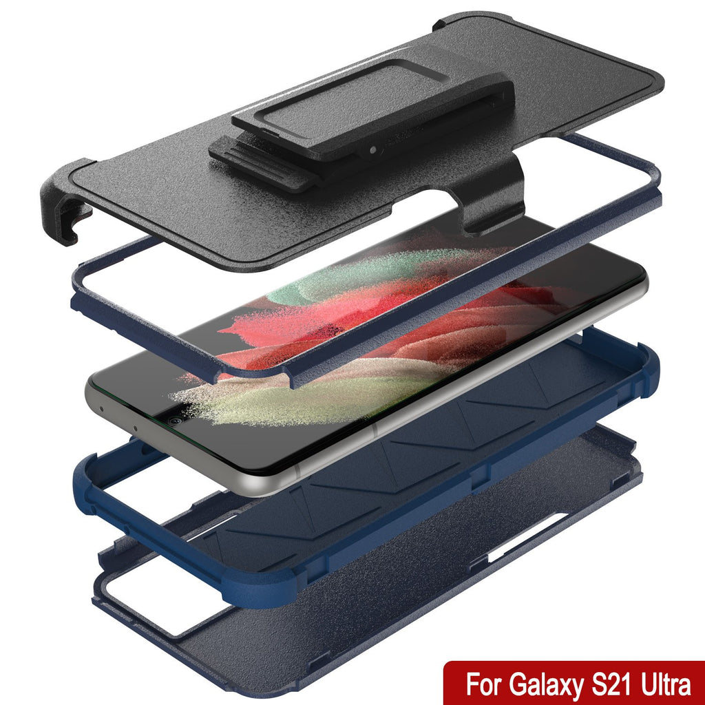 Punkcase for Galaxy S21 Ultra 5G Belt Clip Multilayer Holster Case [Patron Series] [Navy] 