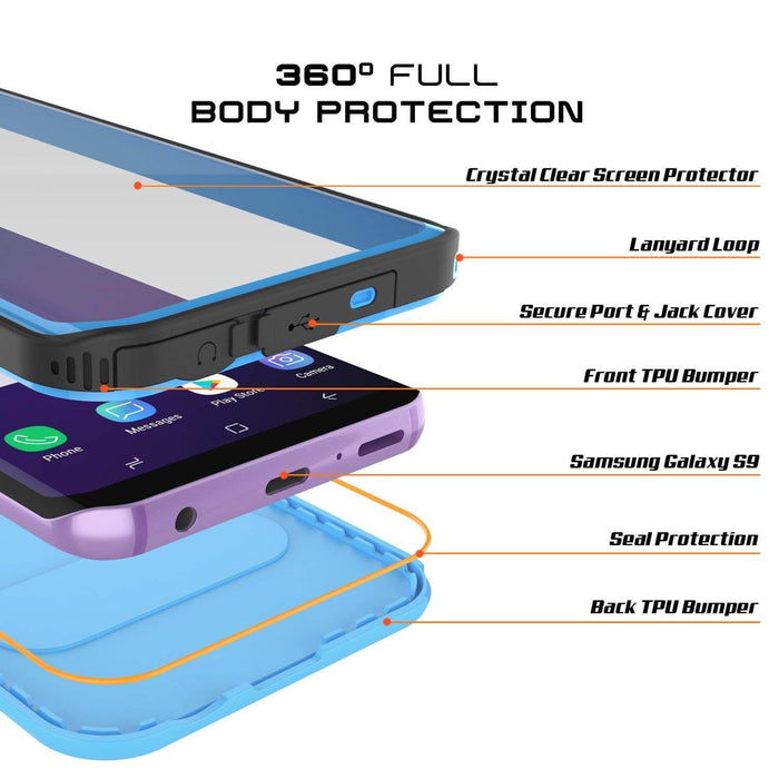 Galaxy S9 Waterproof Case, Punkcase [KickStud Series] Armor Cover [LIGHT BLUE] (Color in image: Black)