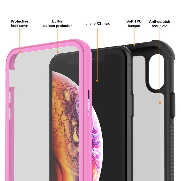PunkCase iPhone XS Max Case, [Spartan Series] Clear Rugged Heavy Duty Cover W/Built in Screen Protector [Pink] (Color in image: red)