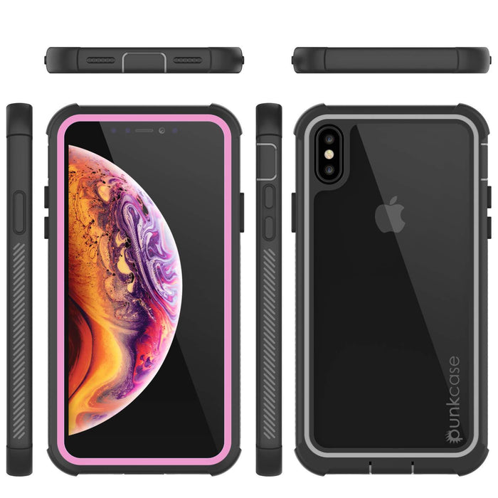 PunkCase iPhone XS Max Case, [Spartan Series] Clear Rugged Heavy Duty Cover W/Built in Screen Protector [Pink] (Color in image: clear)