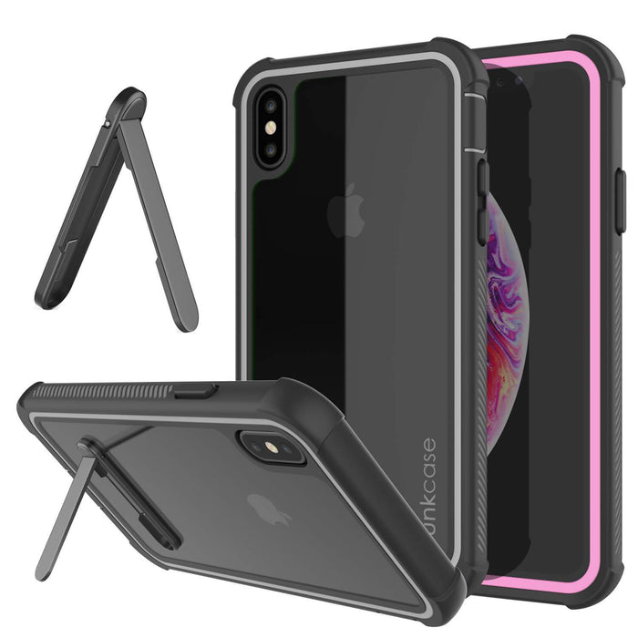 PunkCase iPhone XS Case, [Spartan Series] Clear Rugged Heavy Duty Cover W/Built in Screen Protector [Pink] (Color in image: pink)