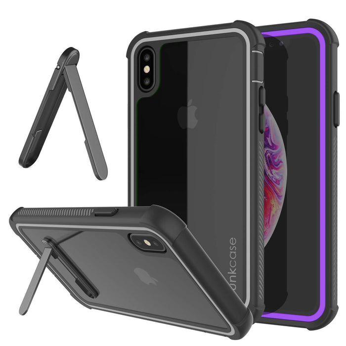 PunkCase iPhone XS Case, [Spartan Series] Clear Rugged Heavy Duty Cover W/Built in Screen Protector [Purple] (Color in image: purple)