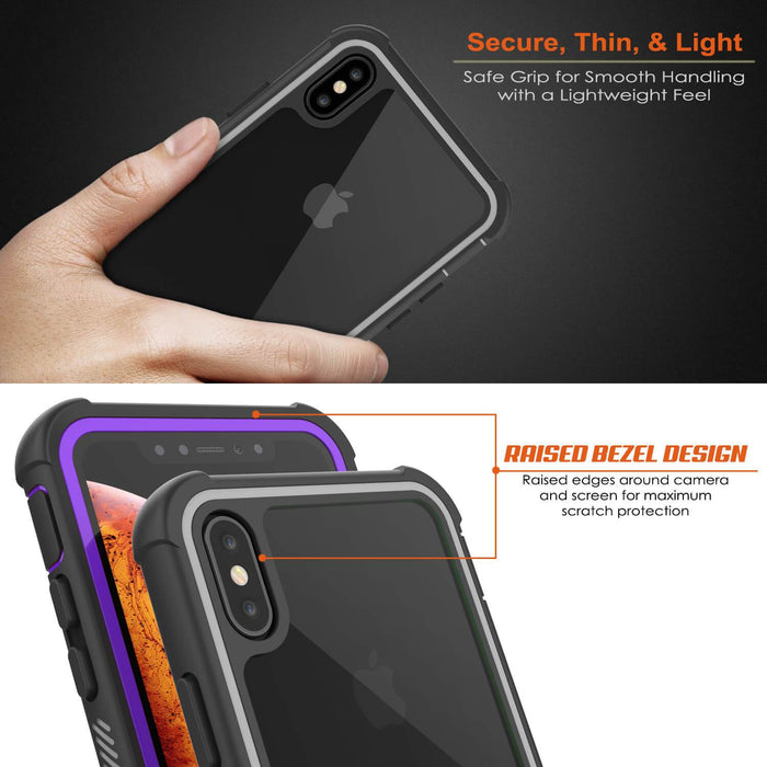PunkCase iPhone XS Case, [Spartan Series] Clear Rugged Heavy Duty Cover W/Built in Screen Protector [Purple] (Color in image: white)