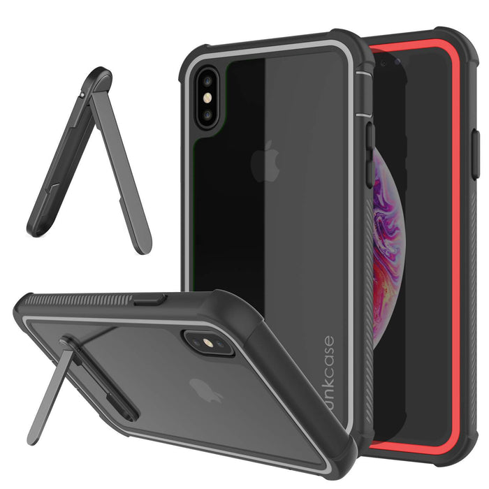 PunkCase iPhone XS Case, [Spartan Series] Clear Rugged Heavy Duty Cover W/Built in Screen Protector [Red] (Color in image: red)