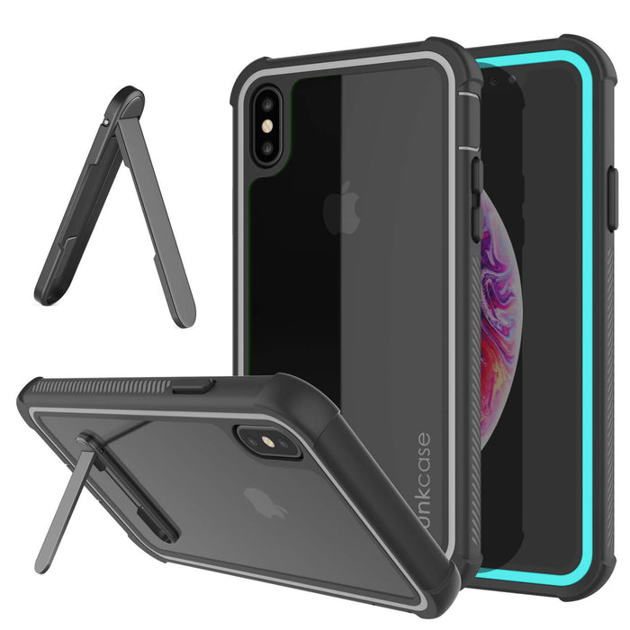PunkCase iPhone XS Case, [Spartan Series] Clear Rugged Heavy Duty Cover W/Built in Screen Protector [Teal] (Color in image: teal)