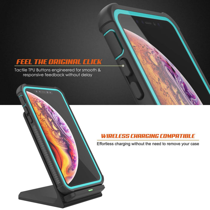 PunkCase iPhone XS Case, [Spartan Series] Clear Rugged Heavy Duty Cover W/Built in Screen Protector [Teal] (Color in image: light blue)
