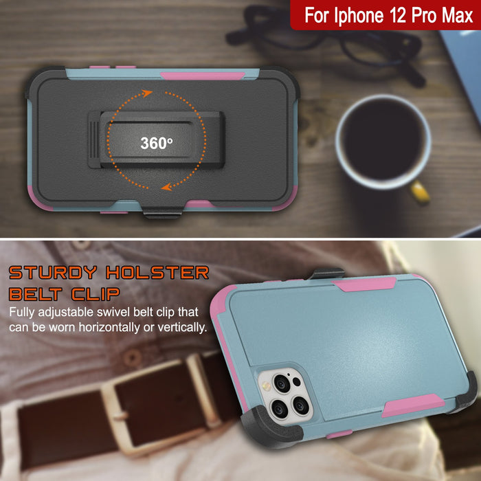 Punkcase for iPhone 12 Pro Max Belt Clip Multilayer Holster Case [Patron Series] [Mint-Pink] 