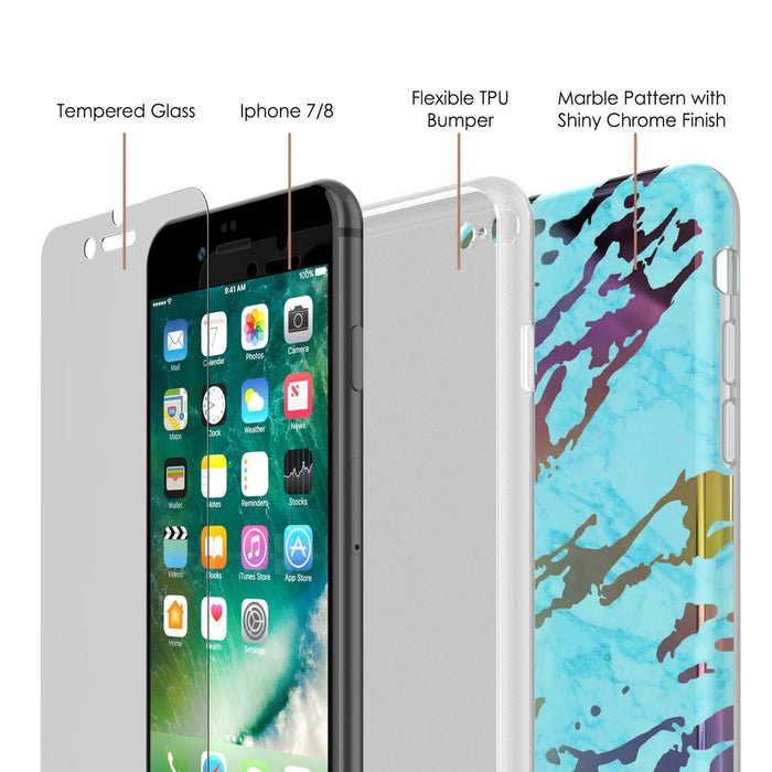 Punkcase iPhone 8 / 7 Marble Case, Protective Full Body Cover W/9H Tempered Glass Screen Protector (Teal Onyx) (Color in image: Blanco Marmo)
