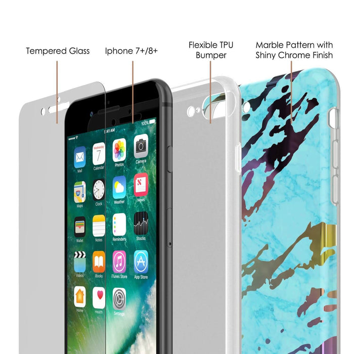 Punkcase iPhone 8+ / 7+ Plus Marble Case, Protective Full Body Cover W/9H Tempered Glass Screen Protector (Teal Onyx) (Color in image: Blanco Marmo)