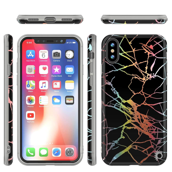 Punkcase iPhone X Marble Case, Protective Full Body Cover W/9H Tempered Glass Screen Protector (Black Mirage) 