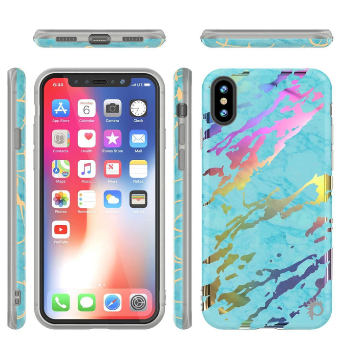 Punkcase iPhone X Marble Case, Protective Full Body Cover W/9H Tempered Glass Screen Protector (Teal Onyx) 