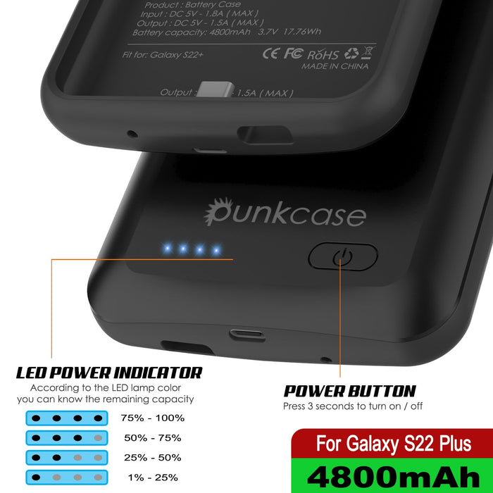 LED POWER INDICATOR According to the LED lamp color POWER BUTTON ou can know the remaining capacit yon iid ne Saeaeny Press 3 seconds to turn on off eee ee 75% - 100% STS) 90% 5% For Galaxy S22 Plus ee 25% - 50% S 1% - 25% 