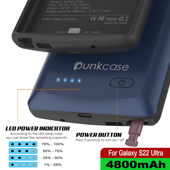 LED POWER INDICATOR According to the LED lamp color POWER BUTTON ou can know the remaining capacit yon iid ne Saeaeny Press 3 seconds to turn on off e 75% - 100% nO For Galaxy S22 Ultra e 25% - 50% 1% - 25% 