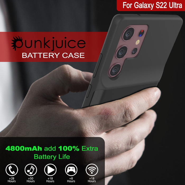 For Galaxy S22 Ultra BATTERY CASE ¢ 4800mAh add 100% Extra Battery Life QOS OP +50 +18 Hens Hours Hers Howes 