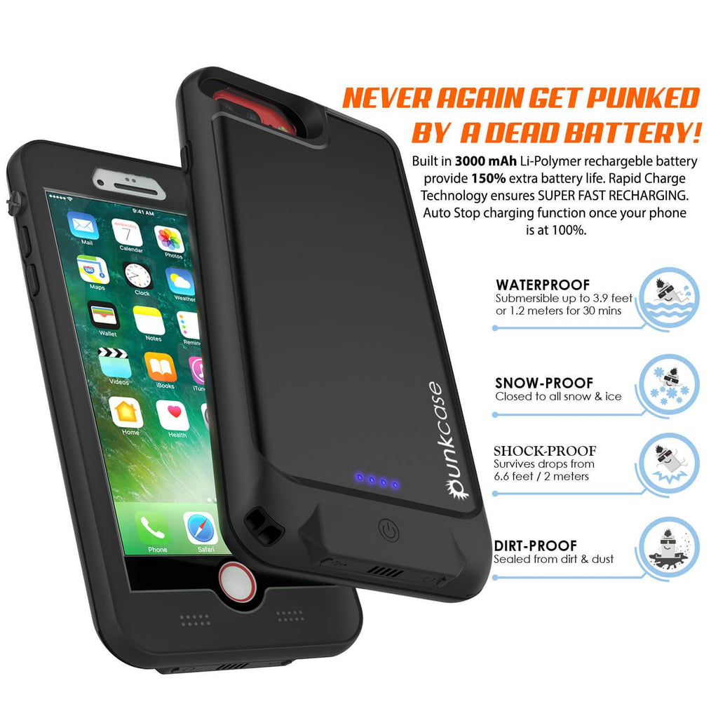 PunkJuice iPhone 7 Battery Case Black - Waterproof Slim Power Juice Bank with 2750mAh 