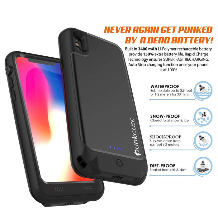 PunkJuice iPhone X Battery Case, Waterproof, IP68 Certified [Ultra Slim] [Black] (Color in image: blue)