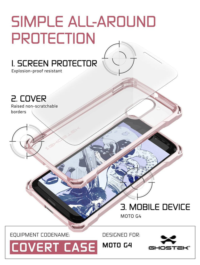 Moto G4 Case, Ghostek Covert Rose Pink Series | Clear TPU | Explosion-Proof Screen Protector (Color in image: Gold)