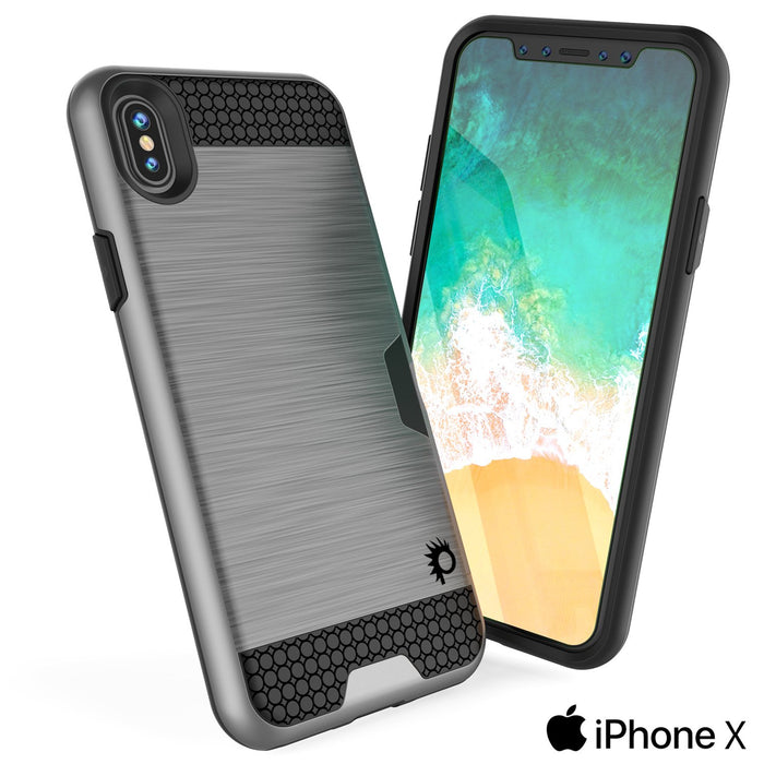 iPhone X Case, PUNKcase [SLOT Series] Slim Fit Dual-Layer Armor Cover & Tempered Glass PUNKSHIELD Screen Protector for Apple iPhone X [Silver] 