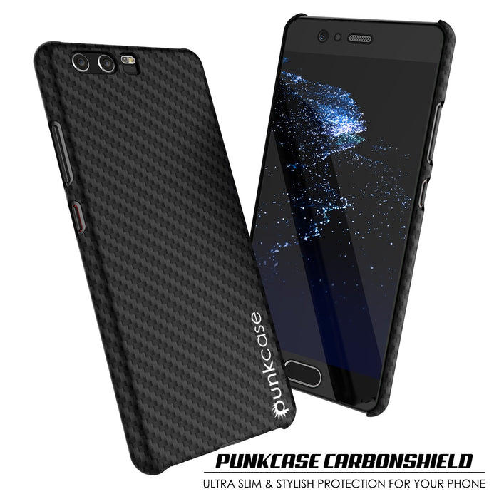 Huawei P10 Case, Punkcase CarbonShield, Heavy Duty & Ultra Thin 2 Piece Dual Layer PU Leather Cover [shockproof] [non slip] with Tempered Glass Screen Protector for Huawei P10 [Jet Black] 