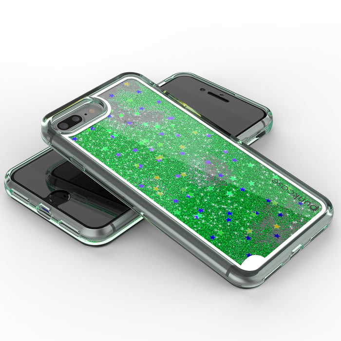 iPhone 7 Plus Case, PunkCase LIQUID Green Series, Protective Dual Layer Floating Glitter Cover (Color in image: silver)